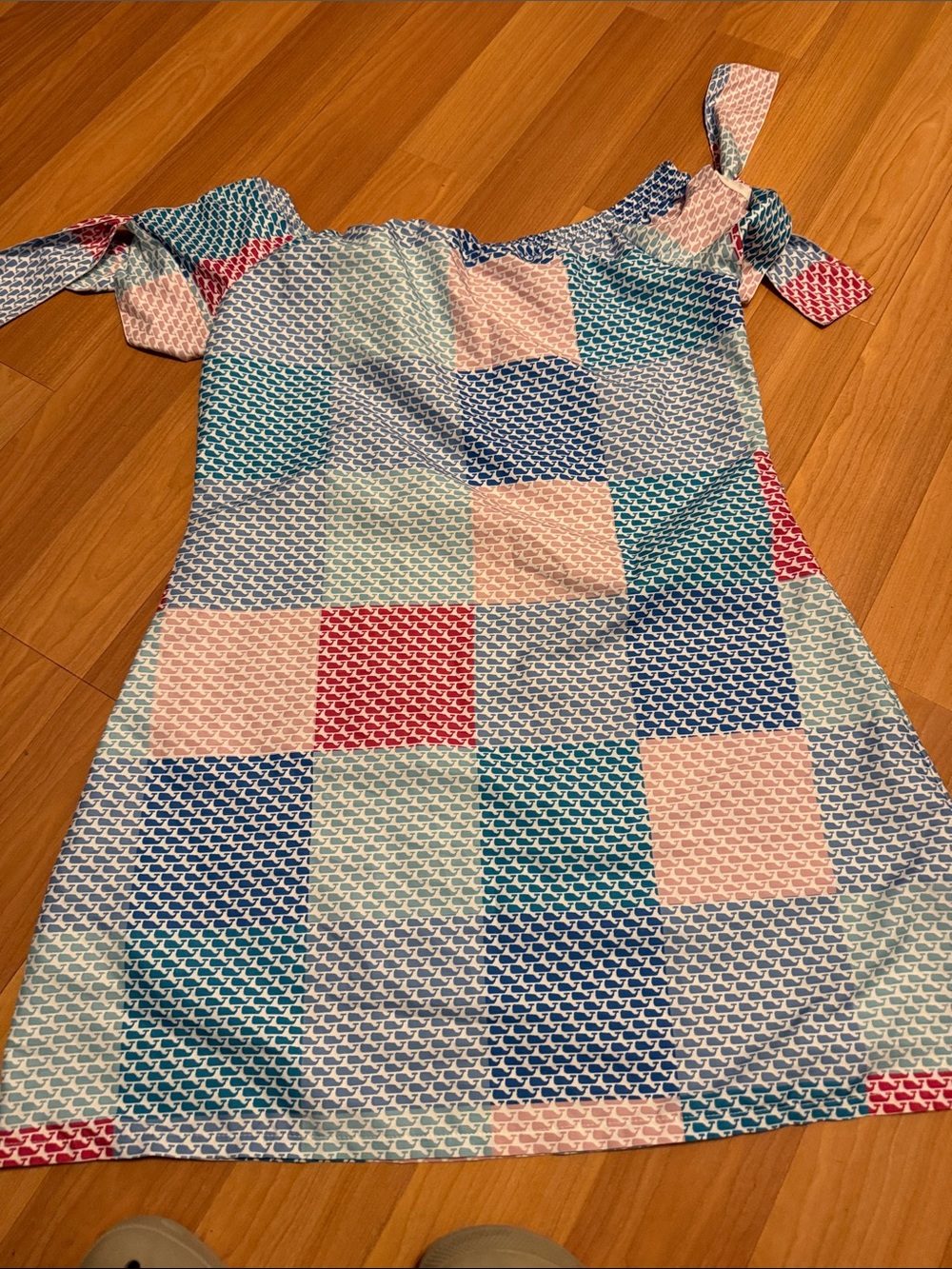 Womens Patchwork Print Off-Shoulder Dress - Blue & Pink